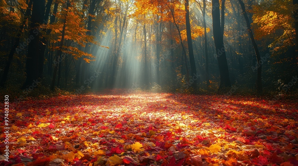 Fototapeta premium Serene autumn forest with vibrant leaves and soft sunlight.