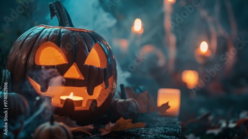 Glowing jack-o'-lantern with candlelight in a foggy atmosphere photo