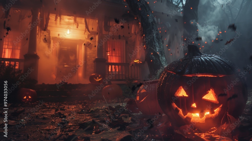 Spooky Halloween house with glowing jack-o'-lanterns and fog Spooky Halloween house with glowing jack-o'-lanterns and fog