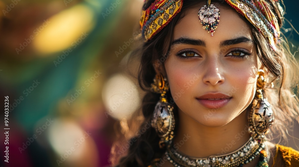 Close-up portrait of a young woman in ethnic dress, with intricate jewelry and headpieces, against a blurred festival background Close-up portrait of a young woman in ethnic dress, with intricate jewelry and headpieces, against a blurred festival background