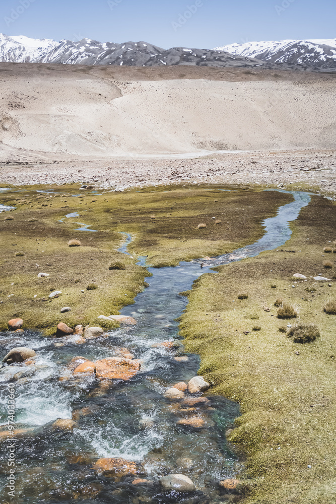 A mountain river of clear blue water flows over stones in a mountain gorge in the Tien Shan mountains in Tajikistan in the Pamirs, a stream flows among moss high in the mountains A mountain river of clear blue water flows over stones in a mountain gorge in the Tien Shan mountains in Tajikistan in the Pamirs, a stream flows among moss high in the mountains