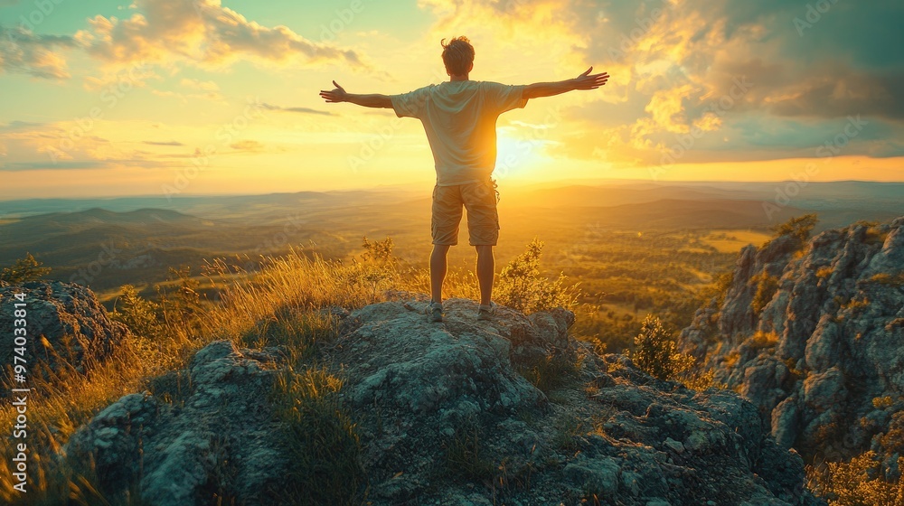 A Person Standing on a Cliff with Arms Outstretched Celebrating Freedom and Nature's Beauty in a Scenic Landscape A Person Standing on a Cliff with Arms Outstretched Celebrating Freedom and Nature's Beauty in a Scenic Landscape
