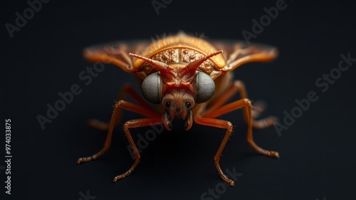 A reddish-brown bug with a flat oval body, about 4mm long, covered in tiny hairs, and featuring a photo