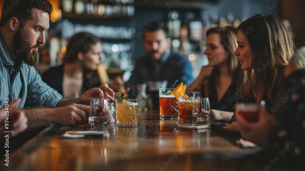 Cocktail tasting experience, with a group of people seated around a bar, sampling a flight of unique cocktails with different flavor profiles and presentations Cocktail tasting experience, with a group of people seated around a bar, sampling a flight of unique cocktails with different flavor profiles and presentations