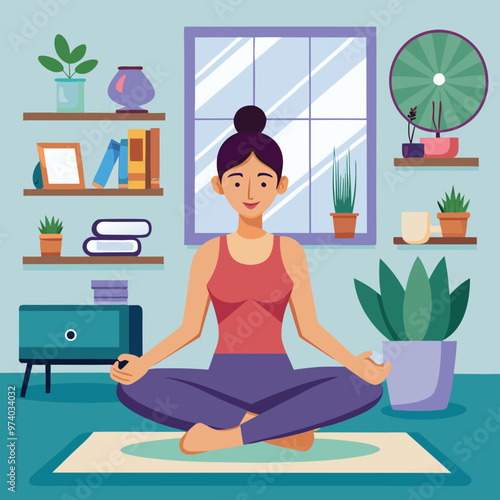Lady practicing yoga at home. Ideal to illustrate lifestyle, fitness and exercise.