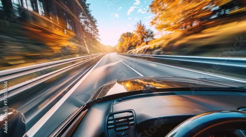 The point of view perspective from a driving car on a highway captures the sense of motion and travel