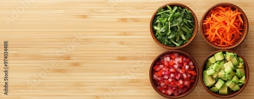 A vibrant vegan poke bowl with tofu, avocado, and pickled veggies against a bamboo backdrop