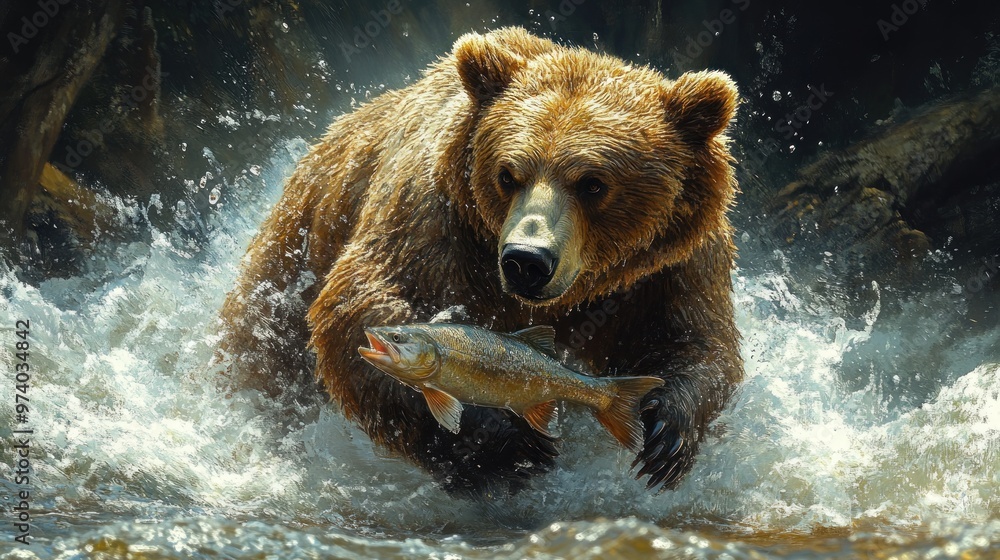 A bear catching a fish in a river, showcasing wildlife action. A bear catching a fish in a river, showcasing wildlife action.