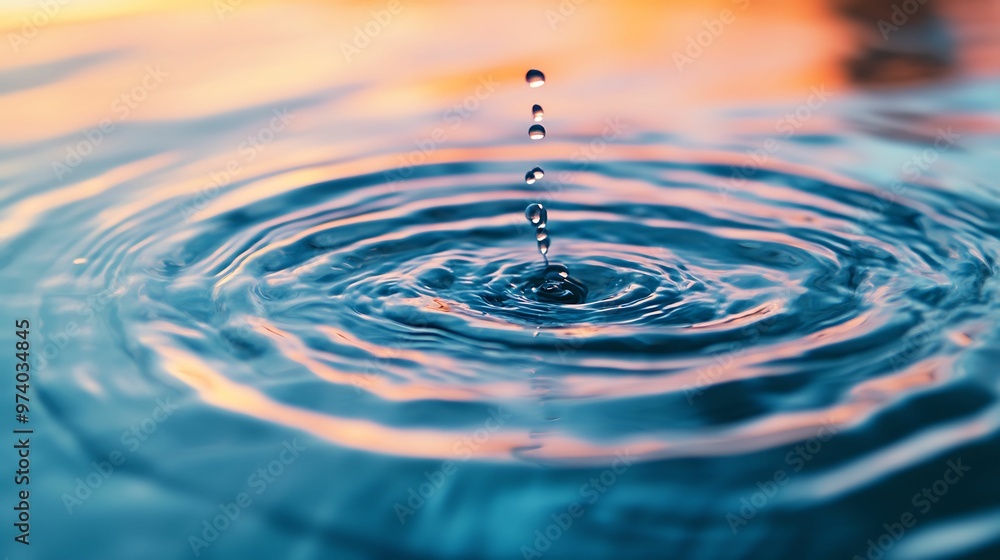 A close-up shot of a water droplet falling into a calm surface, creating concentric ripples with sunset reflections in the background. A close-up shot of a water droplet falling into a calm surface, creating concentric ripples with sunset reflections in the background.