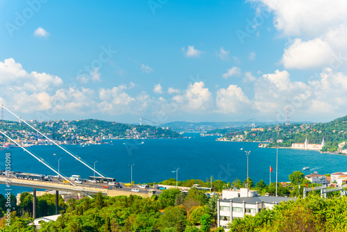 Nakkastepe National Garden panoramic view of the 15 July Martyrs Bridge over Bosphorus Strait and Istanbul business center in european side of the city in the background photo