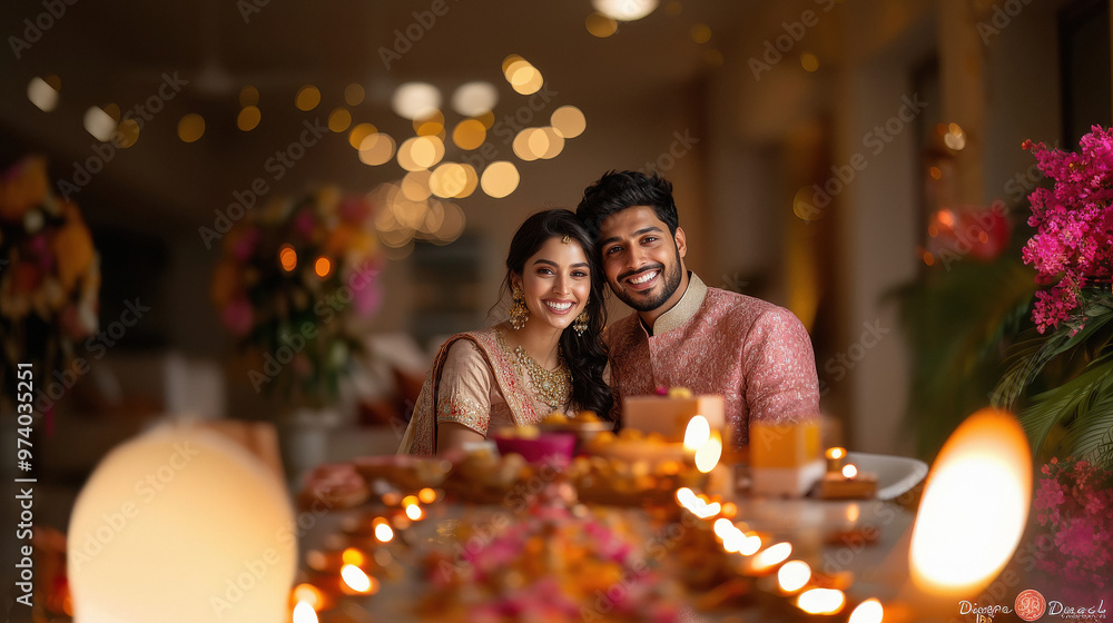 young indian couple celebrating diwali festival at home young indian couple celebrating diwali festival at home