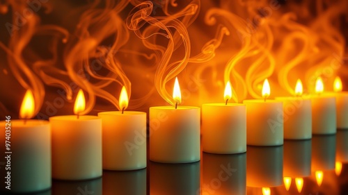 A warm glow emanates from a row of waxen candles, their flames fluttering and extinguishing in a swirling photo