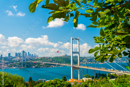 Nakkastepe National Garden panoramic view of the 15 July Martyrs Bridge over Bosphorus Strait and Istanbul business center in european side of the city in the background photo