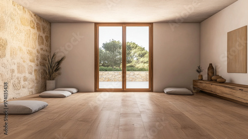 Wallpaper Mural Minimalist rustic meditation a room with cushions, minimal wood furniture and a large window filling the space with natural lighting. Calming residential interiors in beige tones Torontodigital.ca