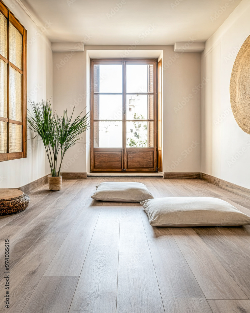 Fototapeta premium Minimalist rustic meditation a room with cushions, minimal wood furniture and a large window filling the space with natural lighting. Calming residential interiors in beige tones