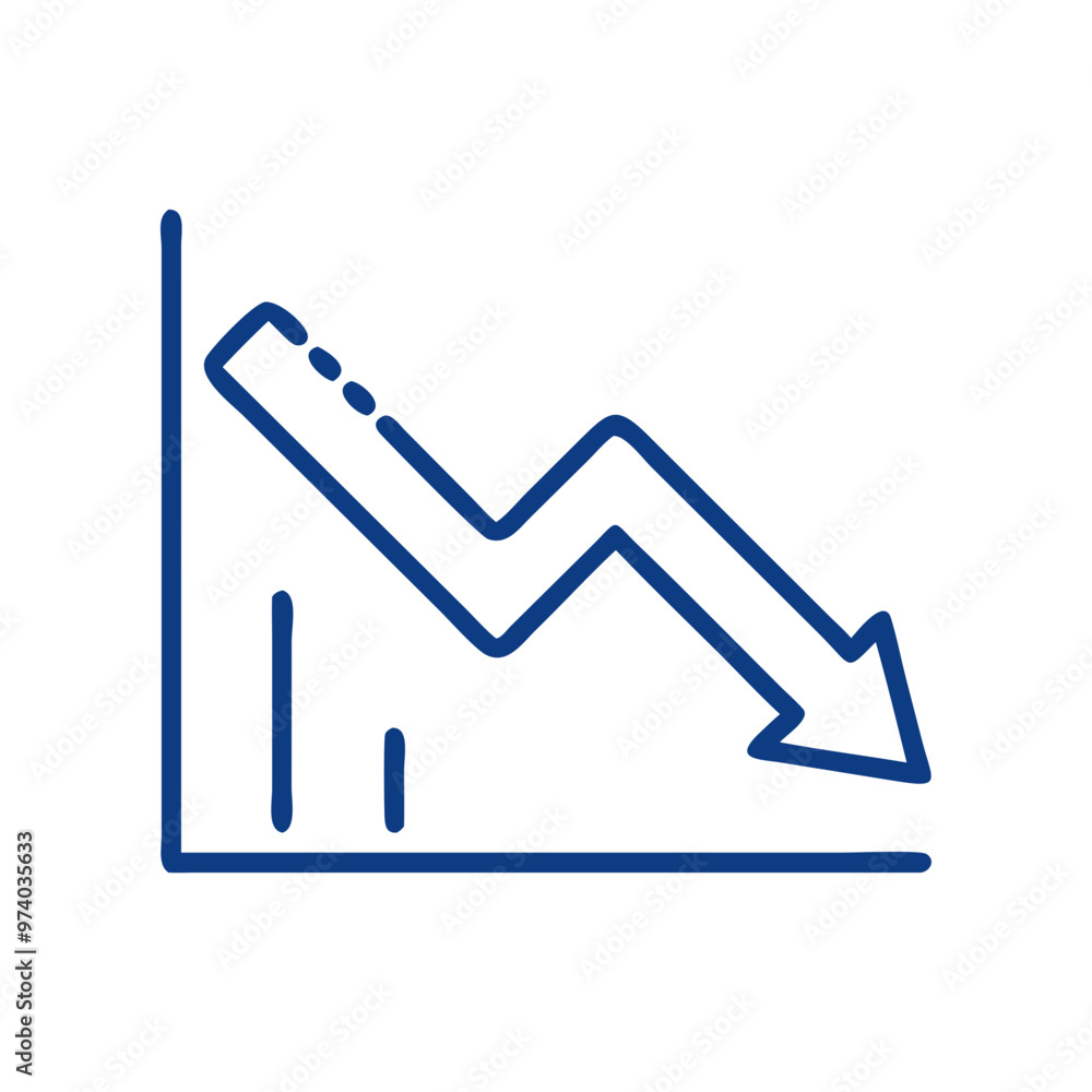 Decline arrow icon in vector style, blue outline, downward trend and decrease symbol with copy space Decline arrow icon in vector style, blue outline, downward trend and decrease symbol with copy space