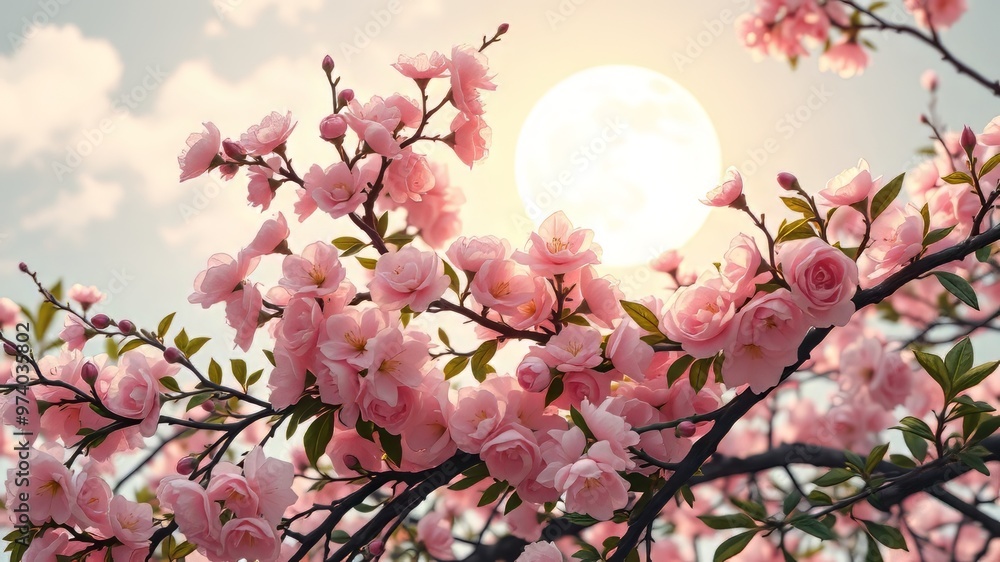 Fototapeta premium Delicate, bell-shaped flowers in soft pastel hues hang gracefully from slender stems, surrounded by lush green foliage,