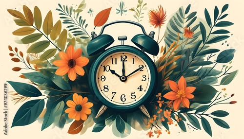 Harmonious illustration of an alarm clock embraced by vibrant leaves and flowers, representing the fusion of time and nature in guided meditation photo