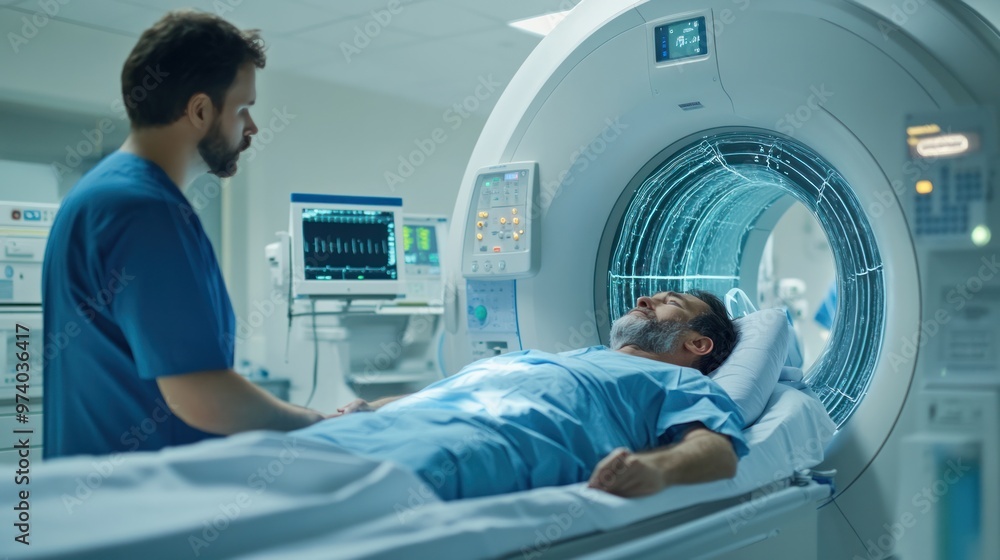 CT scan procedure in a modern hospital setting, featuring a patient lying on the scanner bed while a technician operates the CT scanner controls CT scan procedure in a modern hospital setting, featuring a patient lying on the scanner bed while a technician operates the CT scanner controls