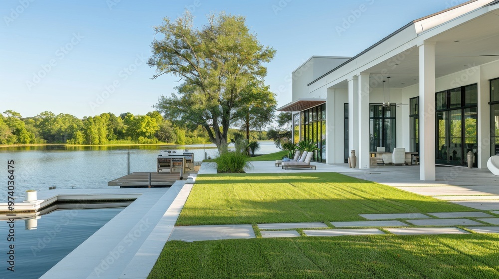 custom made wallpaper toronto digitalWide angle photo of the front porch and lake view from behind an all white modern home with green grass, dock and boat in the foreground