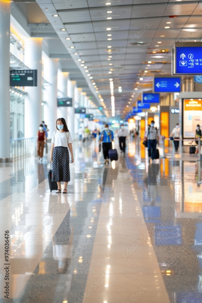 A traveler navigates a bright, modern airport terminal during a busy afternoon rush A traveler navigates a bright, modern airport terminal during a busy afternoon rush