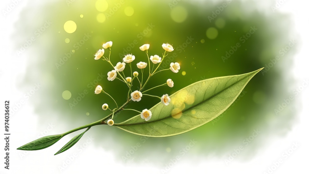 Delicate white olive flowers bloom on a lush green branch against a soft blue sky, symbolizing peace, abundance, Delicate white olive flowers bloom on a lush green branch against a soft blue sky, symbolizing peace, abundance,