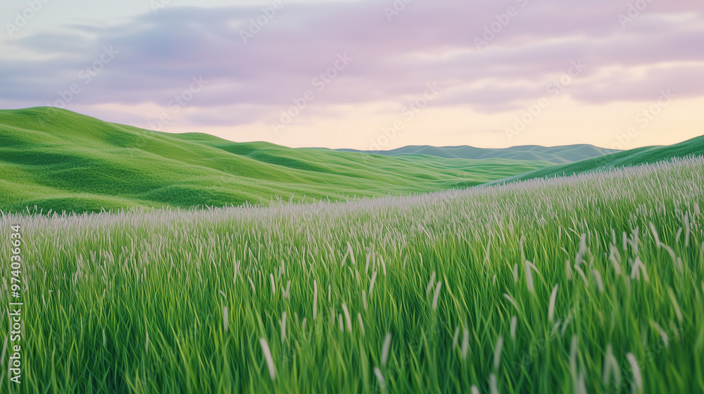 Fototapeta premium Serene Grasslands: A panoramic view of rolling green hills, bathed in the soft glow of a pastel sunset. The gentle sway of the tall grass creates a feeling of peace and tranquility.