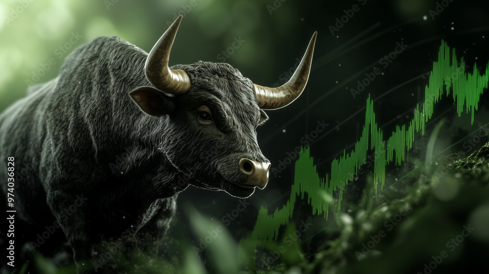 Naklejka premium Bull Market Reign: A powerful bull, bathed in the ethereal glow of rising stock charts, embodies the strength and momentum of a thriving financial market.