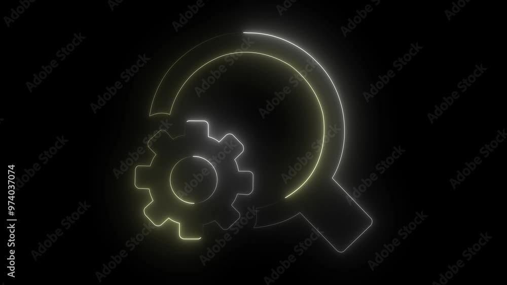 Glowing settings search icon neon line and search icon isolated on black background. Glowing settings search icon neon line and search icon isolated on black background.