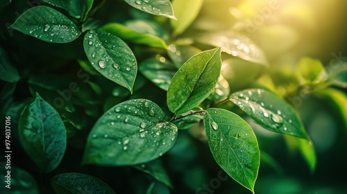 Dense foliage with fresh morning dew on the leaves, sunlight peeking through