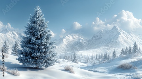 Snow-covered pine tree in serene winter mountain landscape