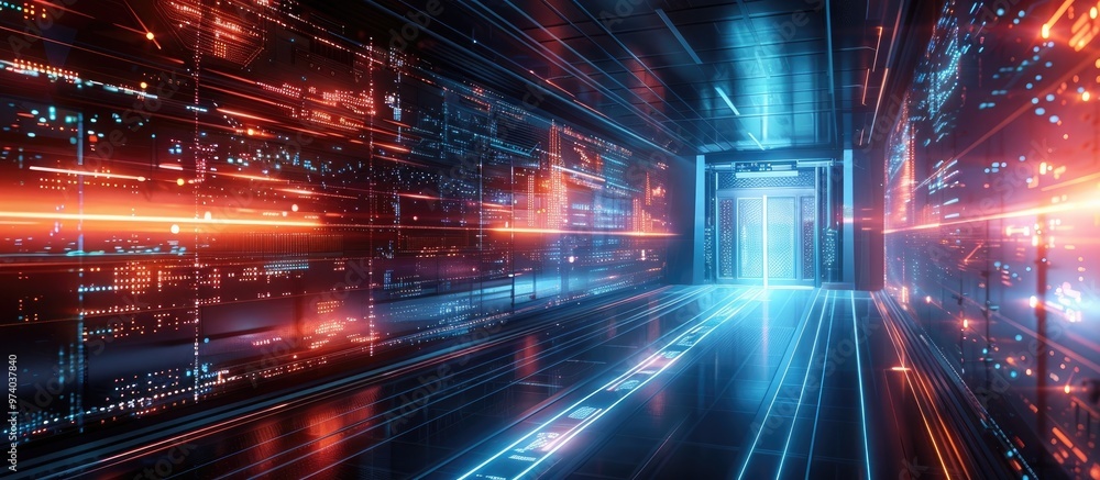 Mesmerizing futuristic passage illuminated by neon lights and laser beams creating a highly dynamic and immersive cyberpunk inspired digital environment Mesmerizing futuristic passage illuminated by neon lights and laser beams creating a highly dynamic and immersive cyberpunk inspired digital environment