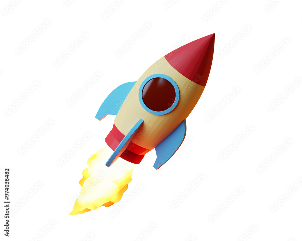 A cartoon rocket ship blasts off against a bright yellow background. A cartoon rocket ship blasts off against a bright yellow background.