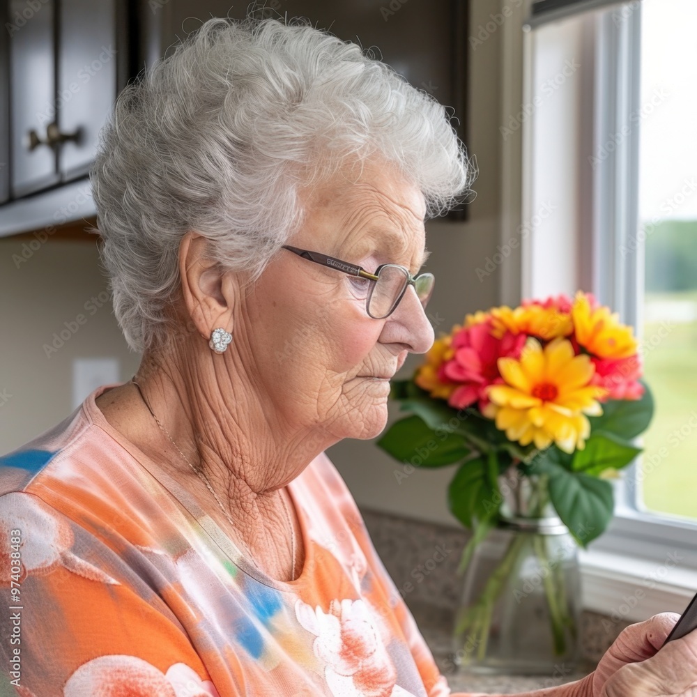 A graceful elderly woman gazes thoughtfully out a kitchen window, surrounded by warm sunlight A graceful elderly woman gazes thoughtfully out a kitchen window, surrounded by warm sunlight
