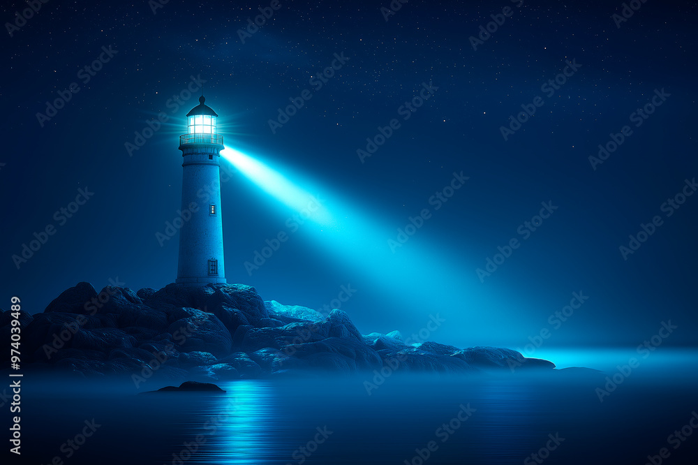 Lighthouse illuminating the night sky over the ocean with a bright beam of light. Lighthouse illuminating the night sky over the ocean with a bright beam of light.