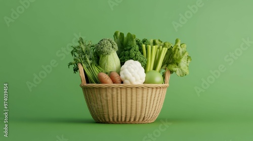 A wicker basket filled with fresh green vegetables like broccoli, lettuce, and celery on a green background symbolizing healthy organic produce.