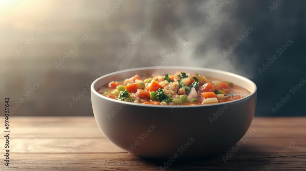 A steaming bowl of vegetable and rice soup in a white bowl, filled with a variety of fresh ingredients, representing a comforting homemade meal. A steaming bowl of vegetable and rice soup in a white bowl, filled with a variety of fresh ingredients, representing a comforting homemade meal.