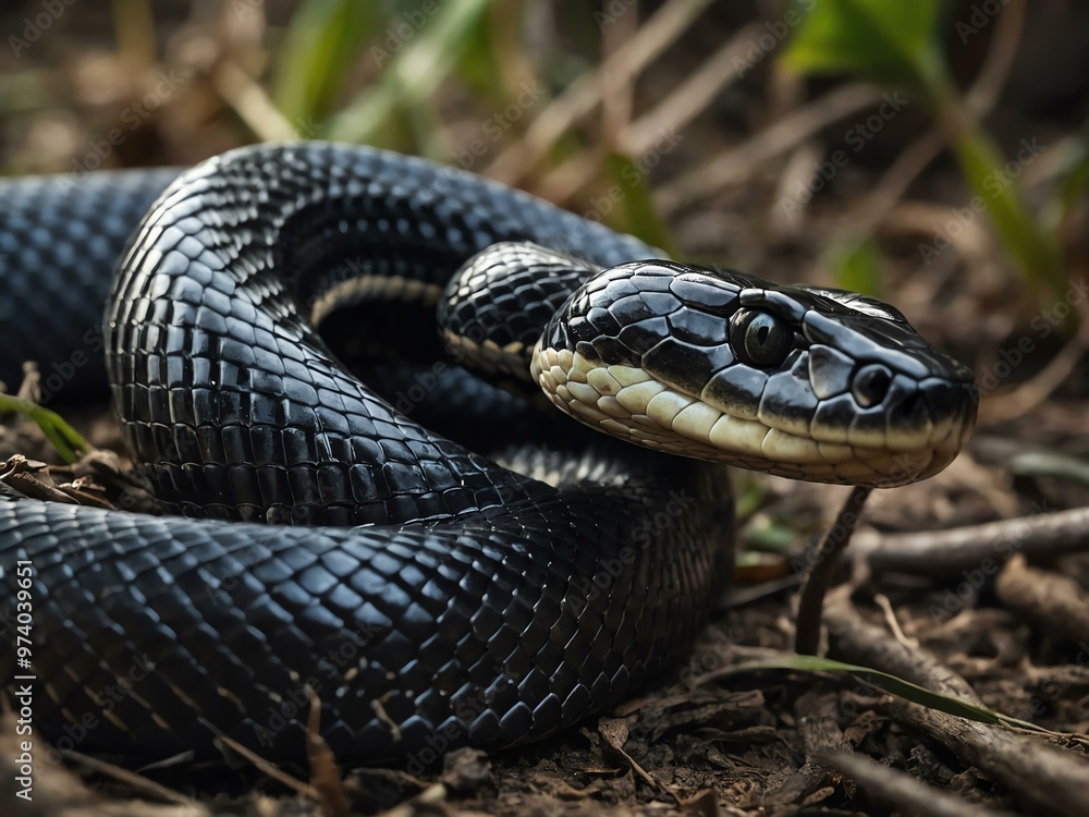 Black snake coiled with tongue extended. Black snake coiled with tongue extended.