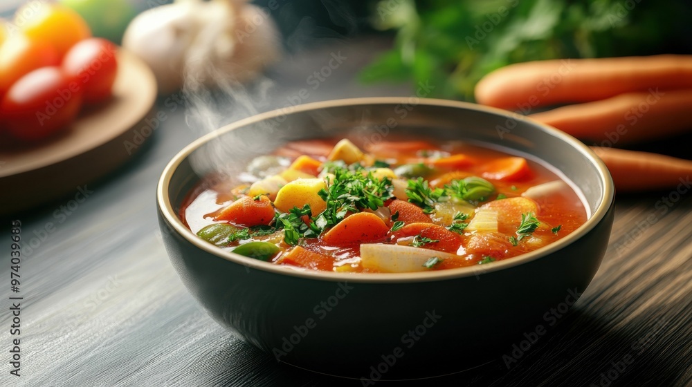 A bowl of steaming vegetable soup garnished with fresh herbs, surrounded by ingredients like carrots and tomatoes, representing healthy homemade comfort food. A bowl of steaming vegetable soup garnished with fresh herbs, surrounded by ingredients like carrots and tomatoes, representing healthy homemade comfort food.