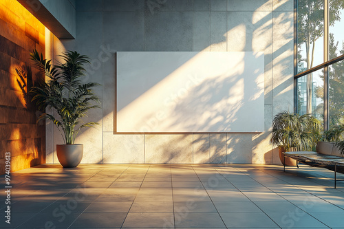 Blank canvas on modern interior wall with plants and sunlight streaming in. photo