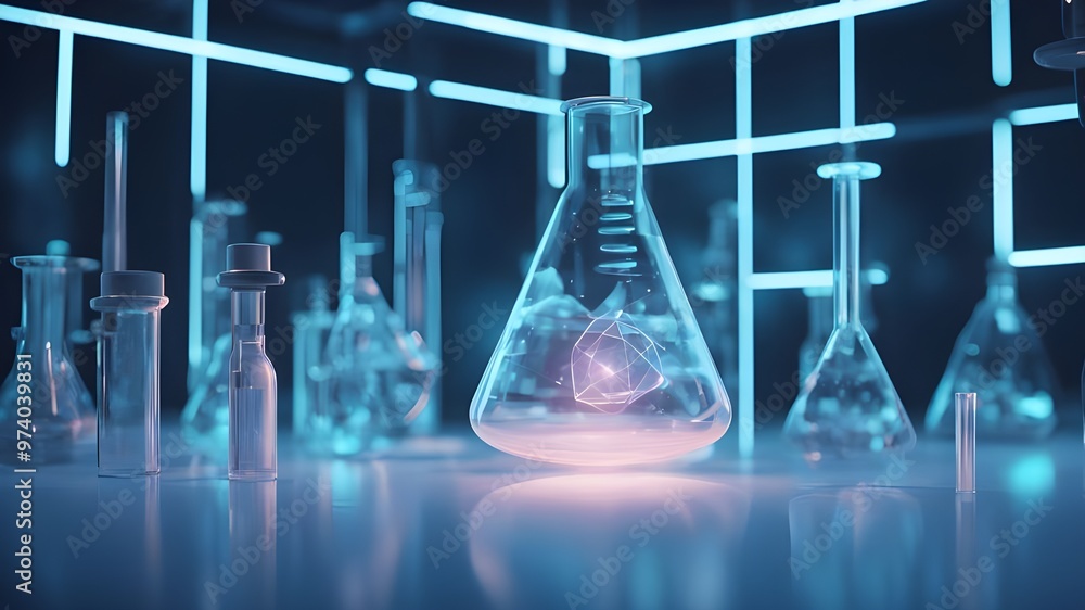 blazing atom model and lowpoly test tube in a surreal blue lab blazing atom model and lowpoly test tube in a surreal blue lab