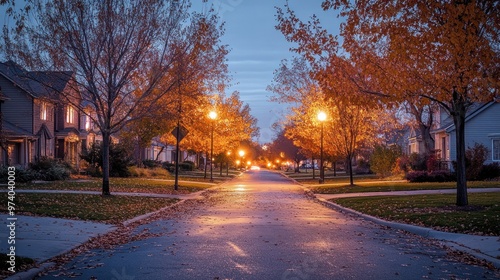 Fall evening walks in a suburban neighborhood, with streetlights casting a warm glow, leaves rustling underfoot, and a gentle breeze in the air