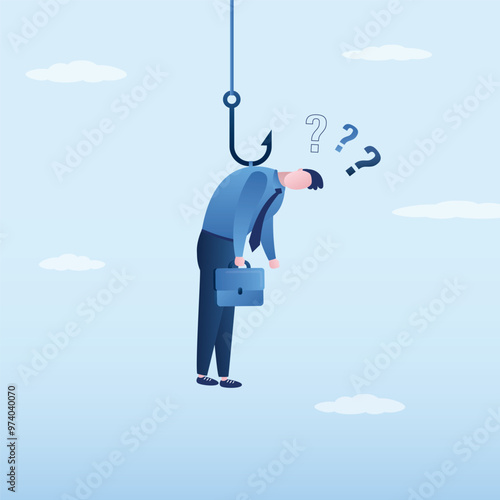 Businessman hanging on fishing hook feeling depressed. Stress, failure and personal weakness concept. Give up, business problems, obstacles.