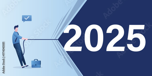 Businessman pulling rope and open curtain about new 2025 year. Announcement of christmas and new year celebration. Advertising company, promotion. Banner with place for text