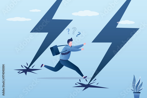 Unhappy businessman overcoming attack by thunder and lightnings, concept of crisis happening on business, fall of finance market or business loss. Investor fleeing recession.