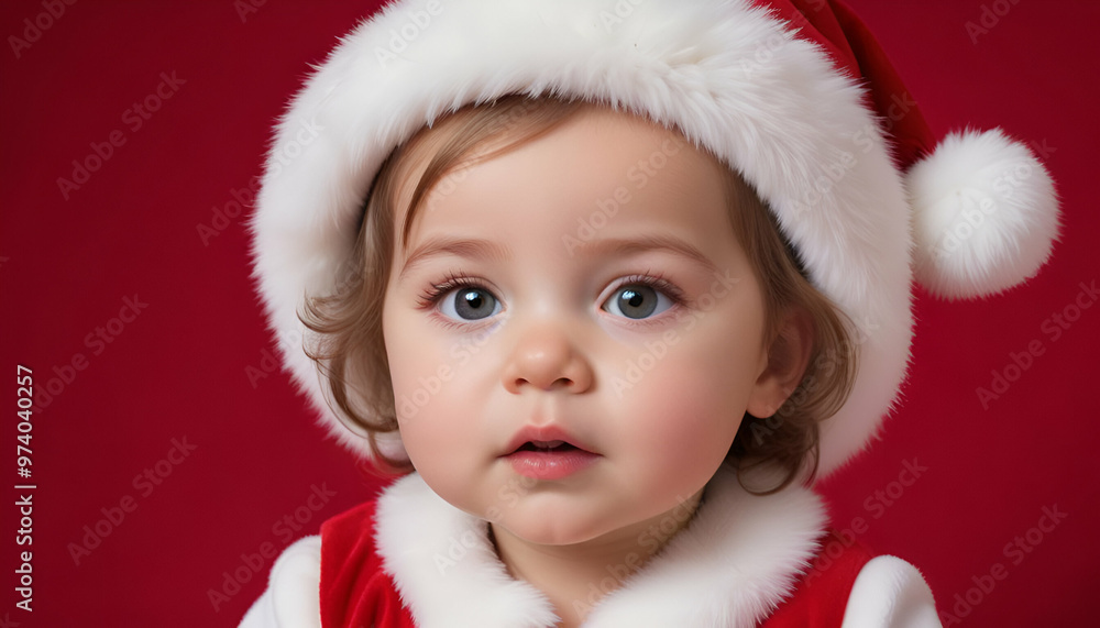 A 6-month-old Caucasian baby girl wearing a santa hat against a red background A 6-month-old Caucasian baby girl wearing a santa hat against a red background