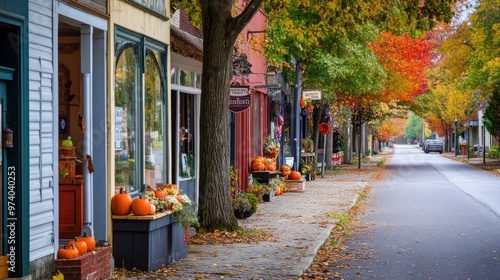 Fototapeta Naklejka Na Ścianę i Meble -  Fall in a small town, capturing a quiet main street lined with trees in autumn colors, pumpkins on doorsteps, and local shops decorated with fall-themed decor