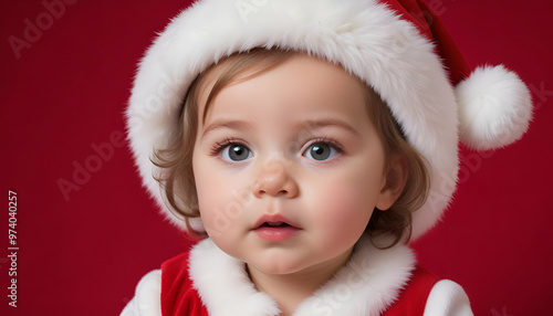 A 6-month-old Caucasian baby girl wearing a santa hat against a red background