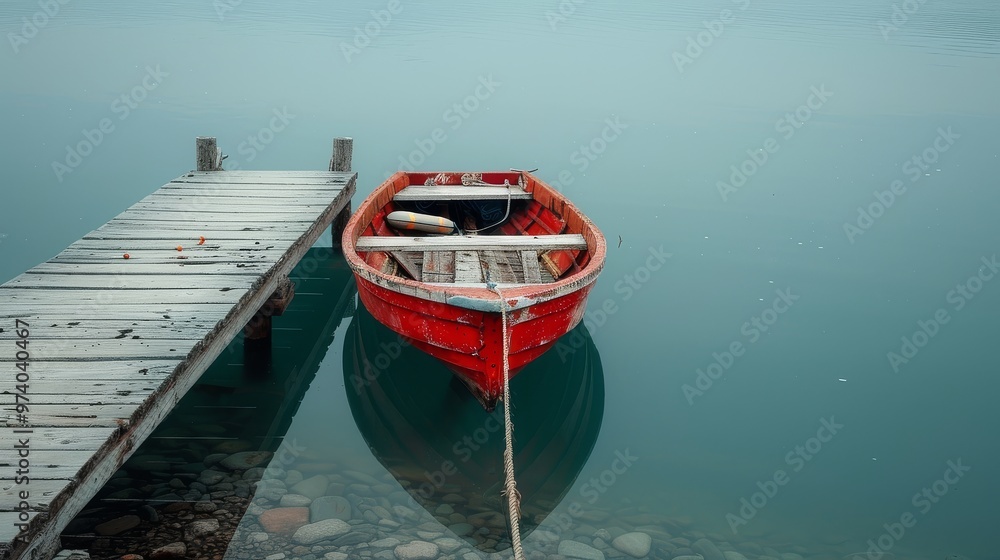 Serene red rowboat docked at an old wooden pier, reflecting in calm blue water. Fishing gear inside, white life preserver attached, and oar hanging on a rope. Serene red rowboat docked at an old wooden pier, reflecting in calm blue water. Fishing gear inside, white life preserver attached, and oar hanging on a rope.