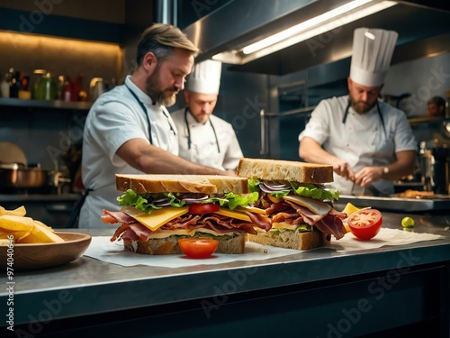 Culinary team making a bacon club sandwich.